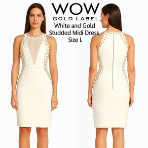 WOW Gold Label White and Gold Studded Midi Dress Size L